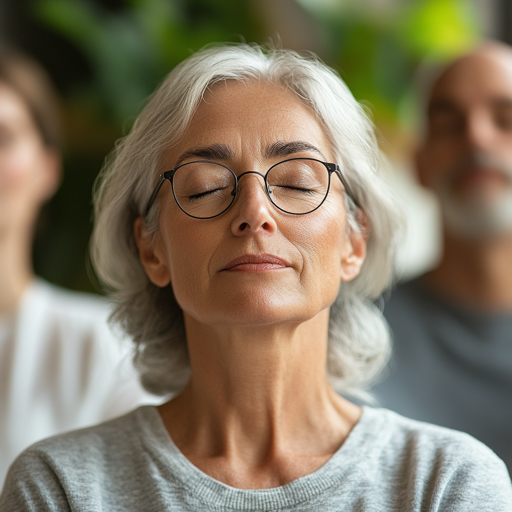 Grupa de seniori practicând yoga într-un studio frumos amenajat