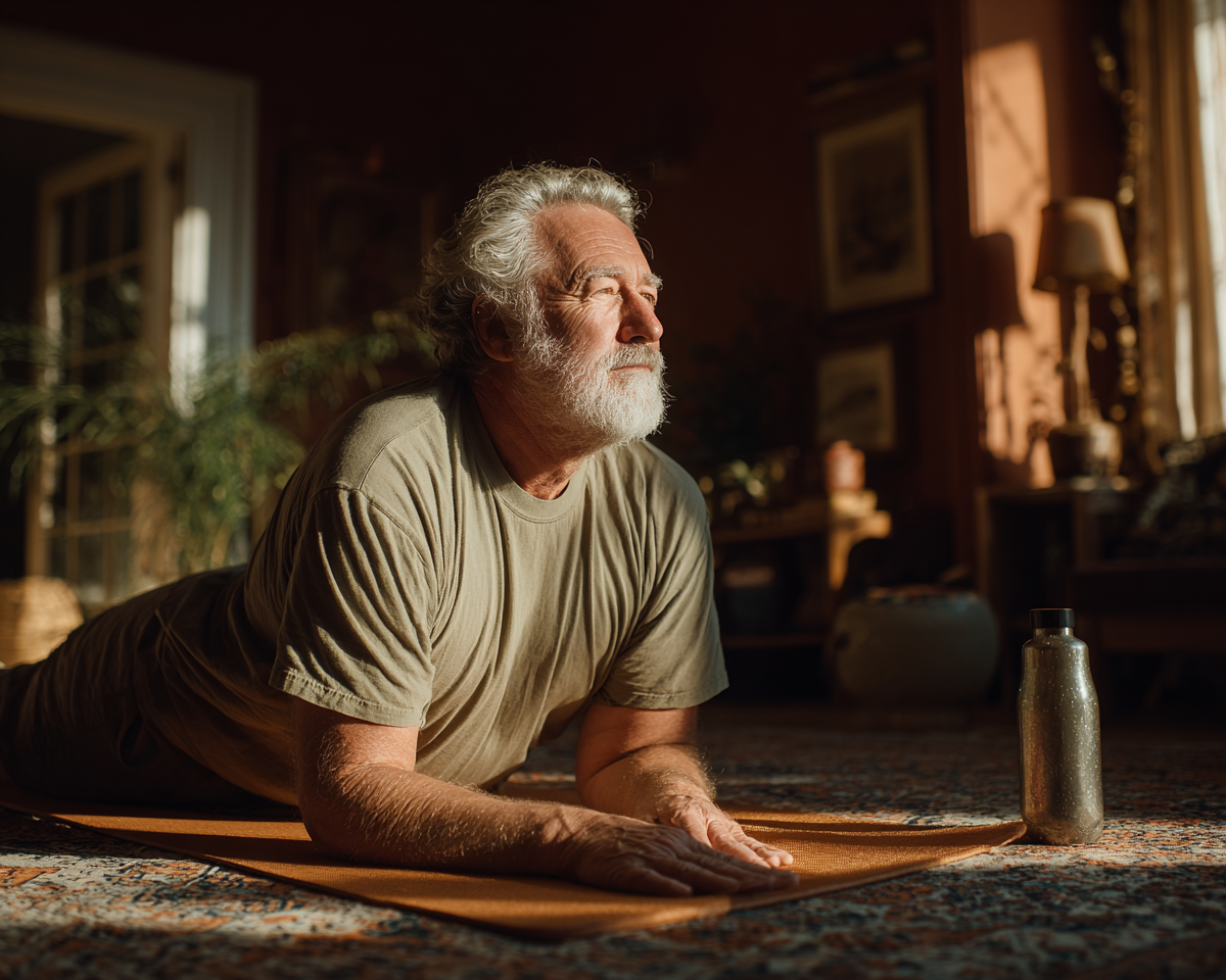 Instructor demonstrând poziție de yoga adaptată pentru seniori într-un mediu natural și liniștit